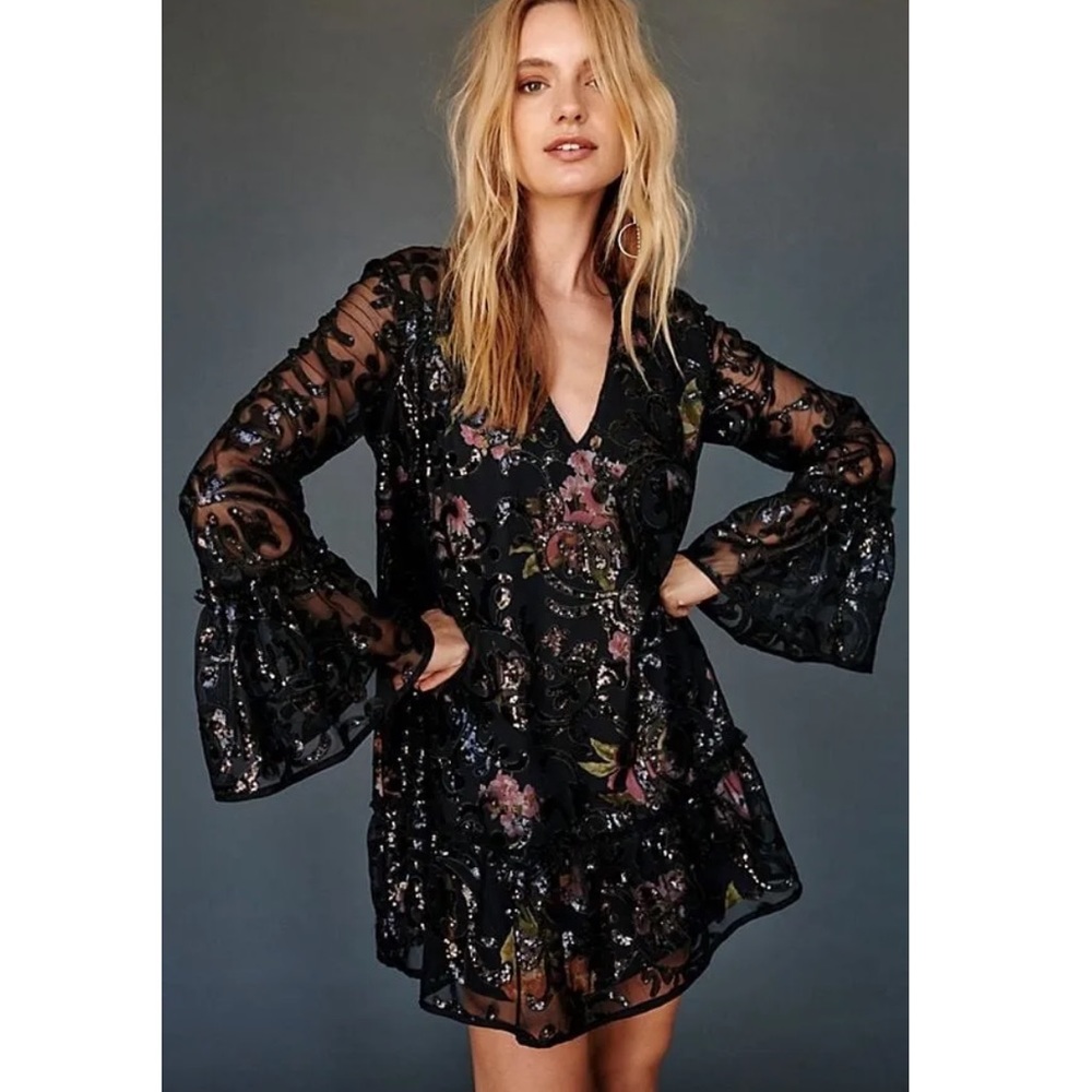 Free People Black Sequin Falling Flowers Frock (S)